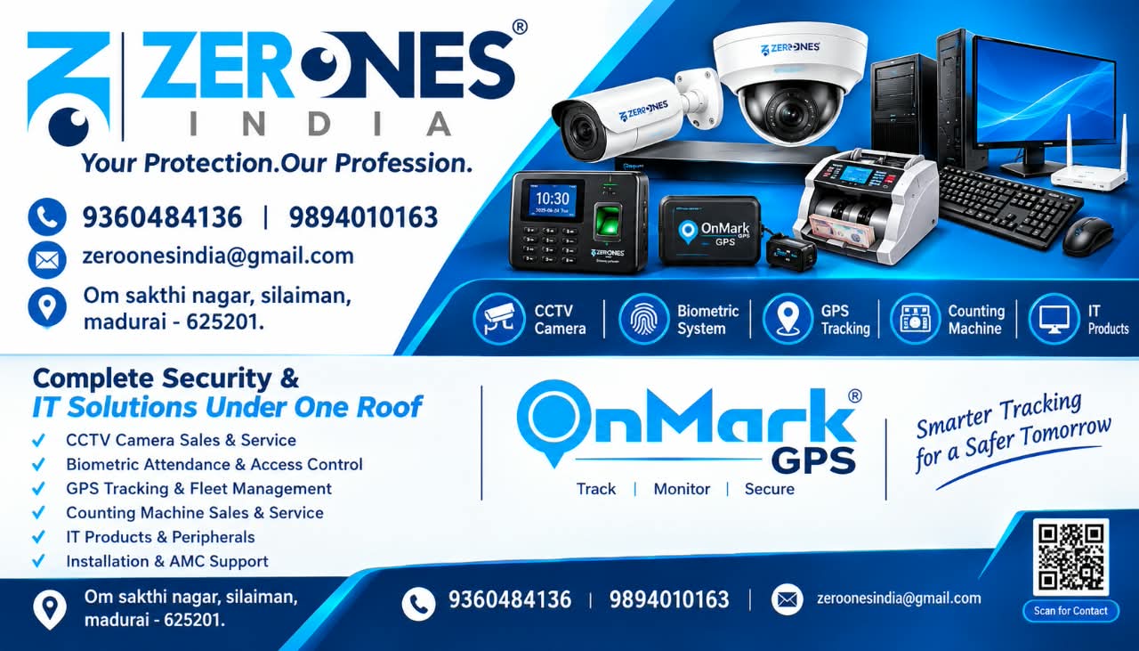 ZEROONES INDIA brochure showing CCTV, biometric, GPS, counting machine and IT services